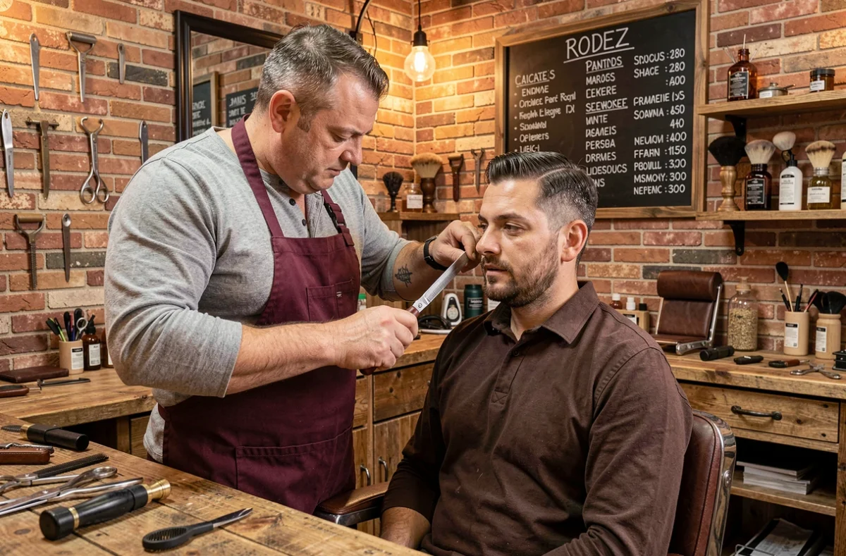 Barbier traçant une ligne nette au rasoir chez 12th Avenue Barbier à Rodez