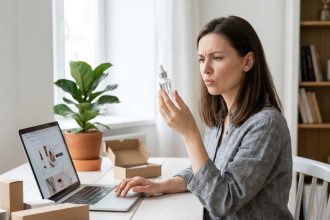 Femme examinant un produit cosmétique tout en comparant les avis sur un site e-commerce depuis son bureau à domicile
