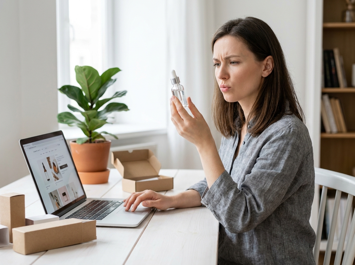 Femme examinant un produit cosmétique tout en comparant les avis sur un site e-commerce depuis son bureau à domicile