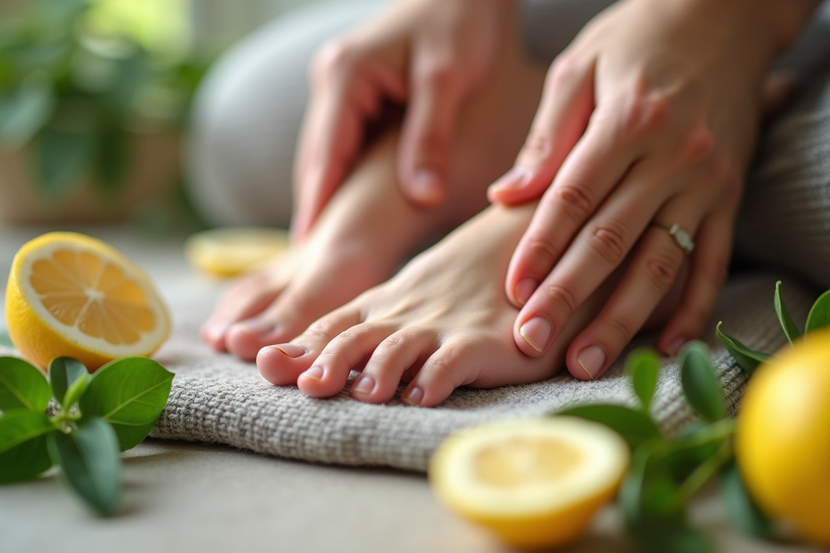 Mains effectuant acupressure sur un pied avec plantes vertes