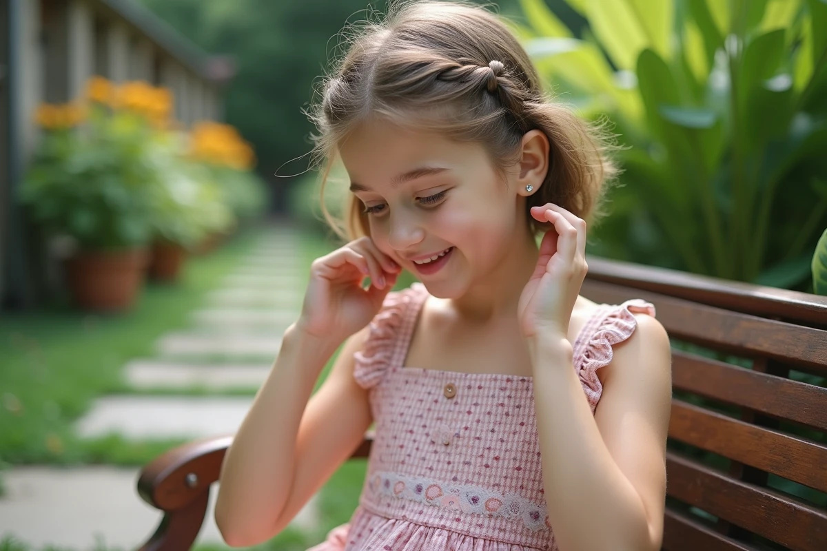 Jeune fille coiffant ses cheveux dans un jardin ensoleille