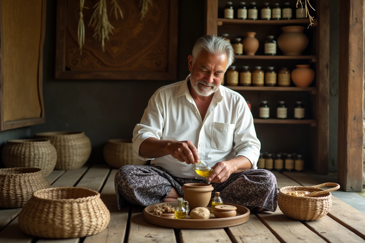 Artisan balinais remplissant des petites bouteilles d