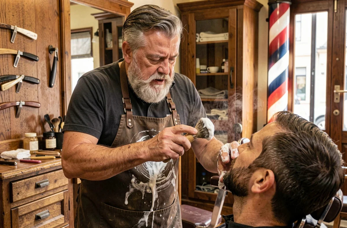 Barbier appliquant de la mousse à raser traditionnelle chez Au Nom du Père à Mazères