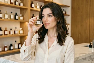 Femme examinant un flacon de parfum Kalista dans une boutique de parfumerie artisanale parisienne