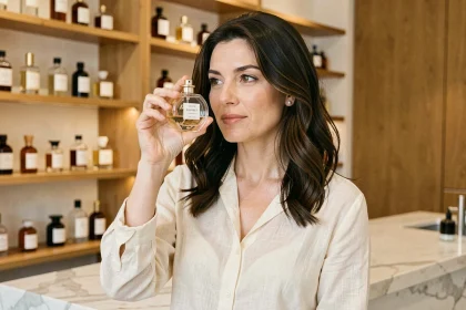 Femme examinant un flacon de parfum Kalista dans une boutique de parfumerie artisanale parisienne