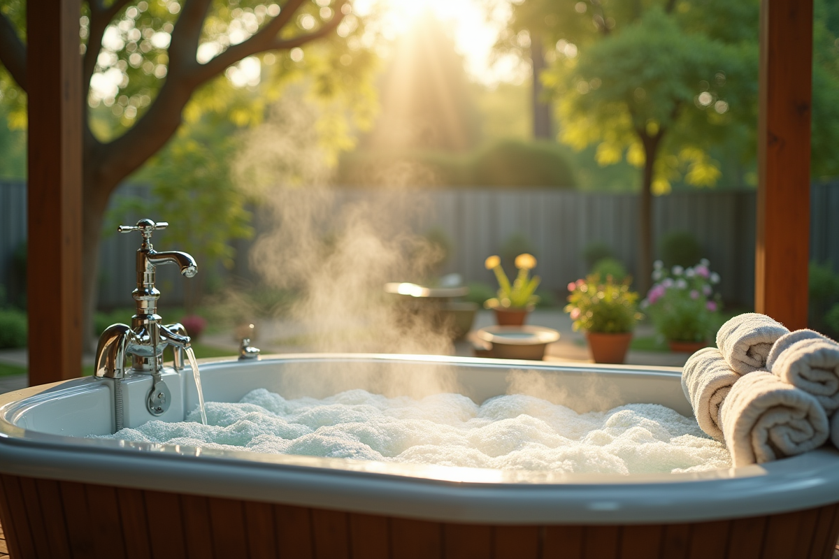 Bain extérieur dans un jardin tranquille avec vapeur