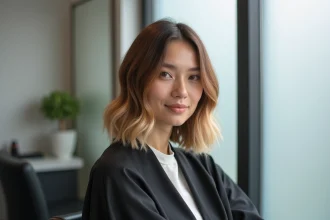 Femme aux cheveux mi-longs avec un balayage châtain blond sur un carré plongeant, en salon de coiffure
