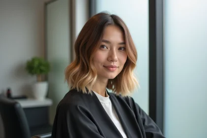 Femme aux cheveux mi-longs avec un balayage châtain blond sur un carré plongeant, en salon de coiffure