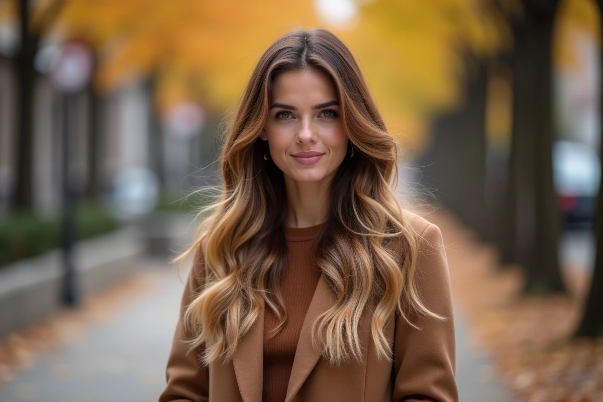 Femme aux longs cheveux ondulés châtain avec balayage blond miel en extérieur en automne