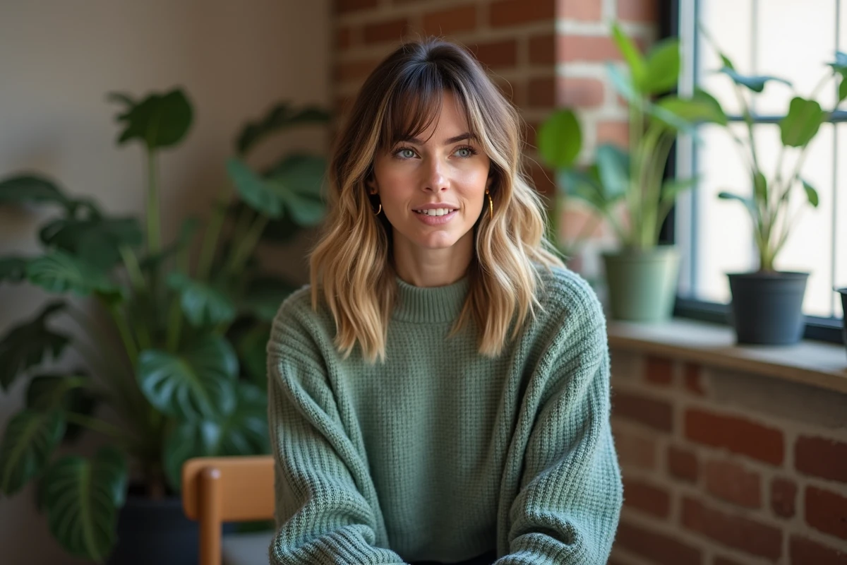 Femme avec un shag coupé en couches et balayage châtain blond cendré, assise dans un appartement moderne