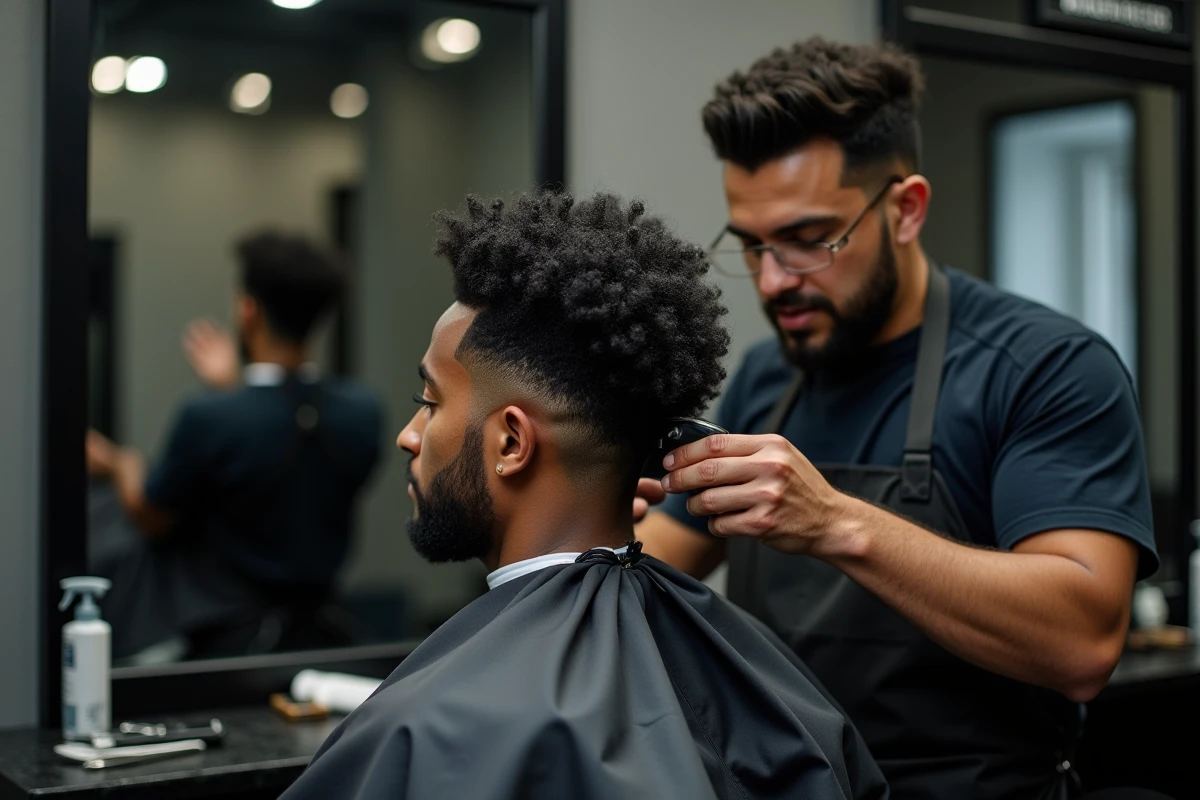 Barbier réalisant un dégradé espagnol sur les cheveux bouclés d'un client dans un salon professionnel