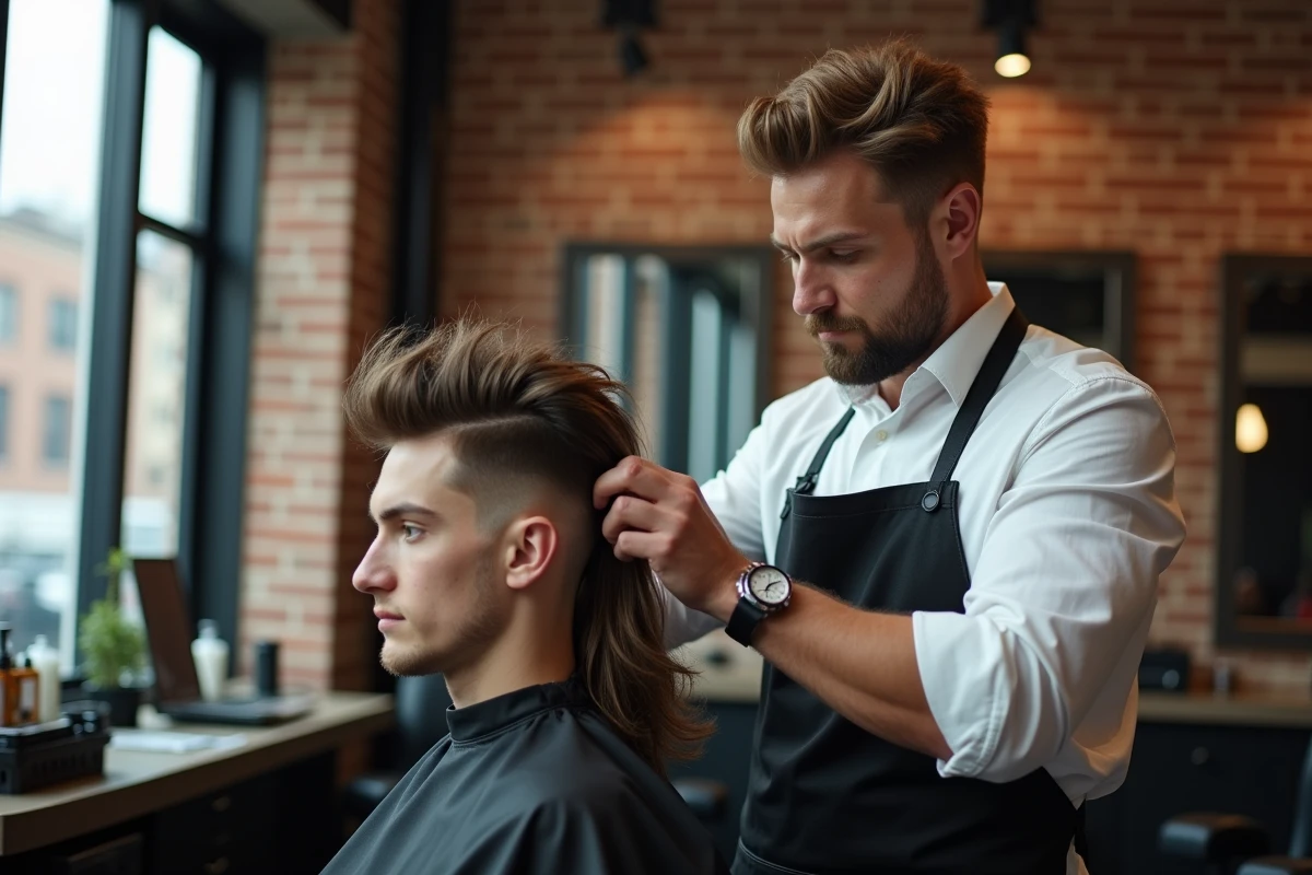 Barbier coiffant un jeune client avec coupe mullet