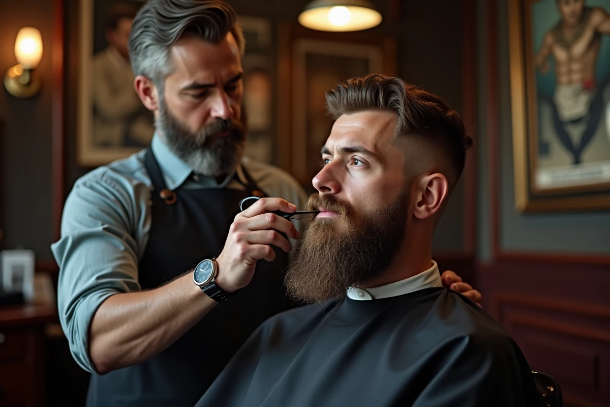 Barbier professionnel sculptant la barbe longue d'un client avec des ciseaux dans un salon vintage