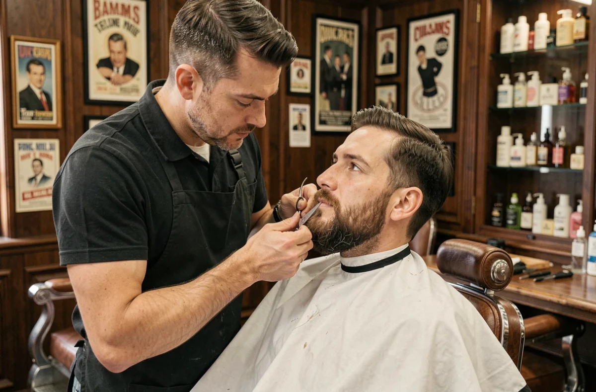 Barbier professionnel taillant la barbe clairsemée d'un client dans un salon de coiffure traditionnel