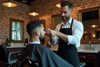 Barbier professionnel en tablier noir effectuant une coupe précise sur un client dans un salon de coiffure haut de gamme à Lille