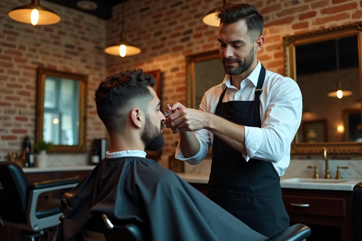 Barbier professionnel en tablier noir effectuant une coupe précise sur un client dans un salon de coiffure haut de gamme à Lille