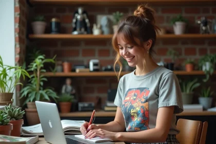 Jeune femme bloguese mode pop culture à son bureau vintage entourée de magazines et de comics, esquissant des idées de looks inspirés de la culture geek