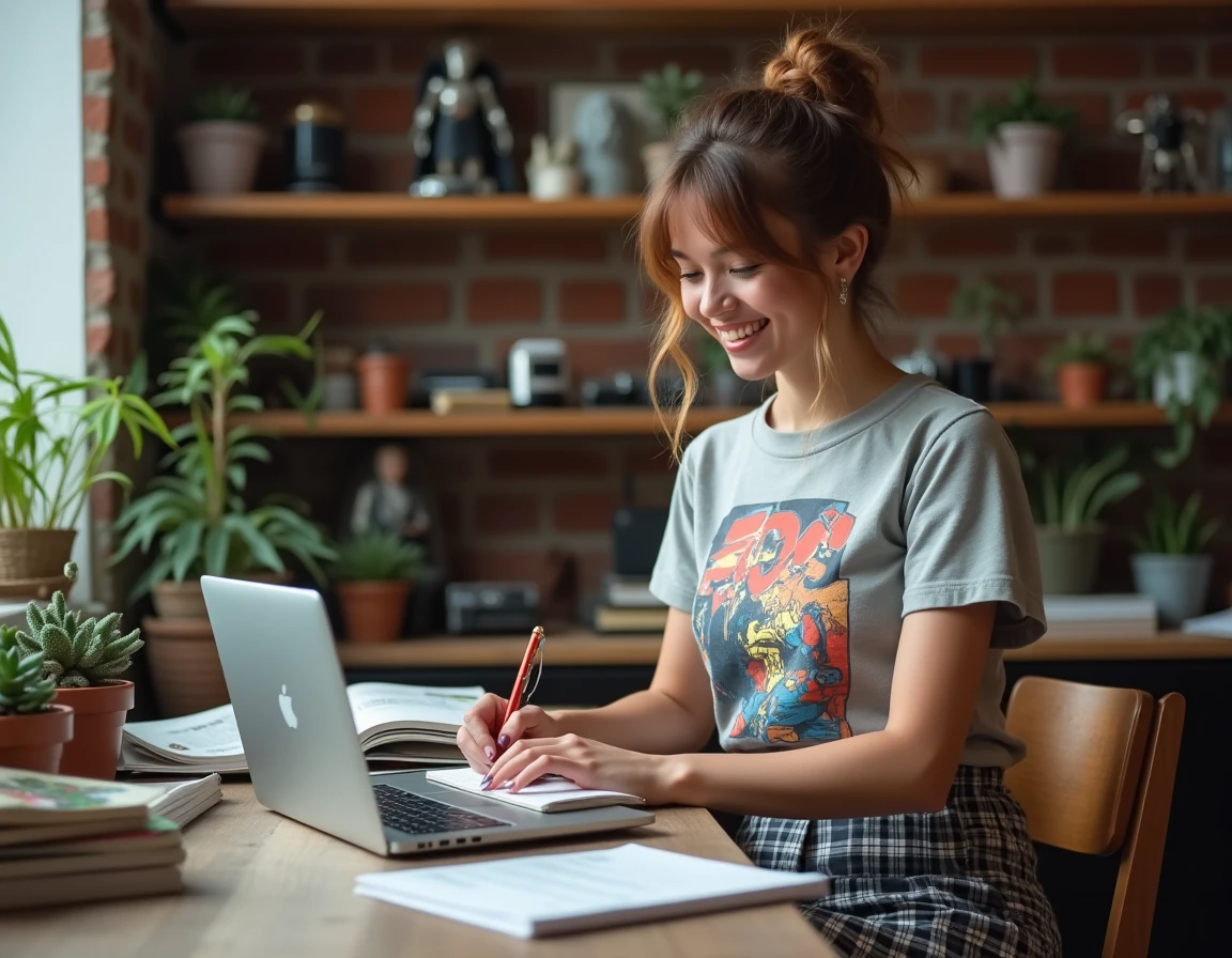 Jeune femme bloguese mode pop culture à son bureau vintage entourée de magazines et de comics, esquissant des idées de looks inspirés de la culture geek