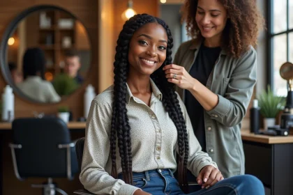 Femme aux braids dans un salon moderne et élégant