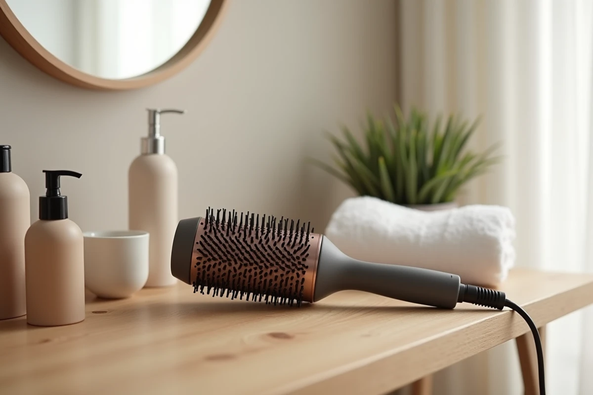 Brosse soufflante posée sur une coiffeuse en bois avec accessoires capillaires minimalistes