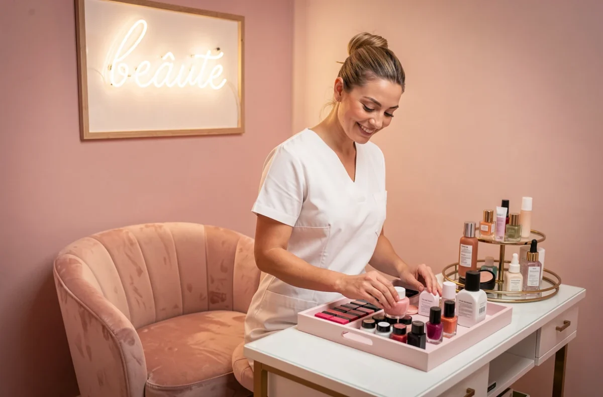 Espace féminin et rose de La Bulle de Beauté à Strasbourg avec tablette de soins