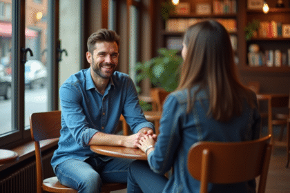 Homme et femme discutant dans un café chaleureux