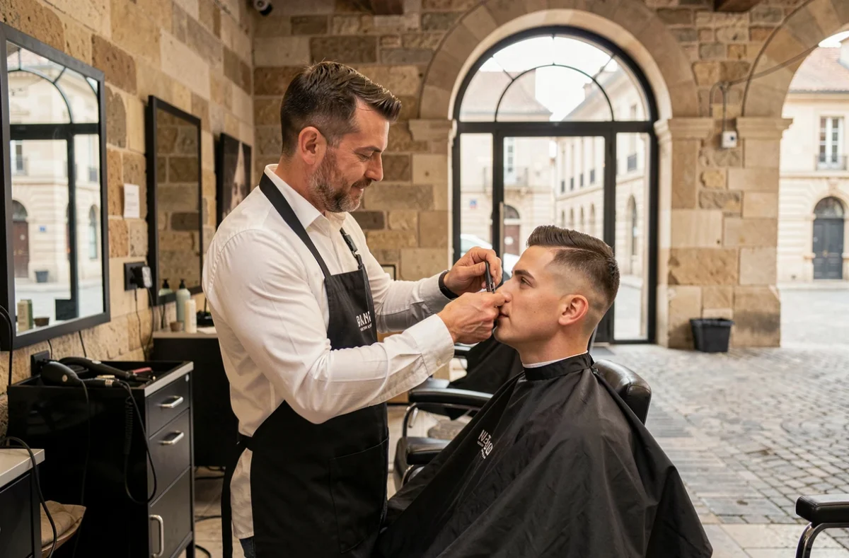 Barbier professionnel réalisant une coupe fondu au Capitole Barber Shop à Toulouse