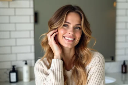 Femme aux cheveux fins avec un balayage caramel miel et des vagues volumineuses se regardant dans un miroir de salle de bain moderne
