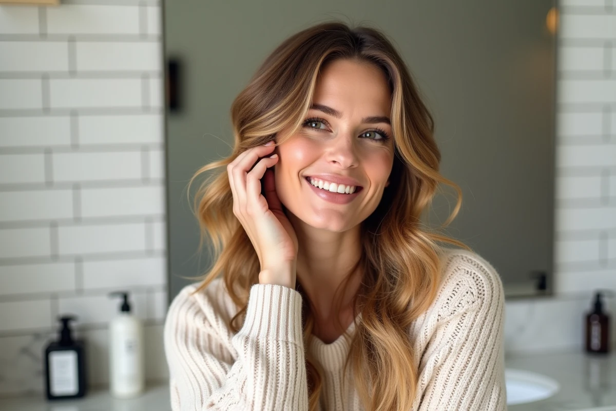 Femme aux cheveux fins avec un balayage caramel miel et des vagues volumineuses se regardant dans un miroir de salle de bain moderne