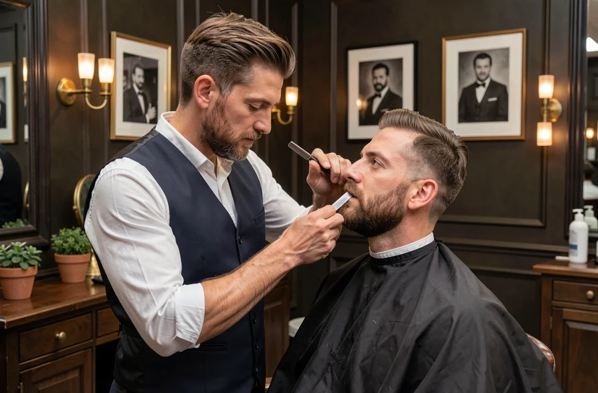 Barbier élégant réalisant un rasage au rasoir droit chez Cher Monsieur à Pamiers
