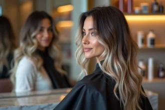 Femme aux cheveux blancs précoces assise dans un fauteuil de salon de coiffure, montrant un balayage naturel alliant mèches blanches et brunes