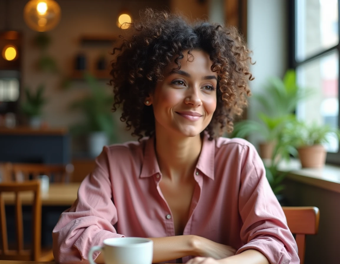 Femme aux cheveux bouclés fins et volumineux bien définis assise dans un café, look naturel et soigné