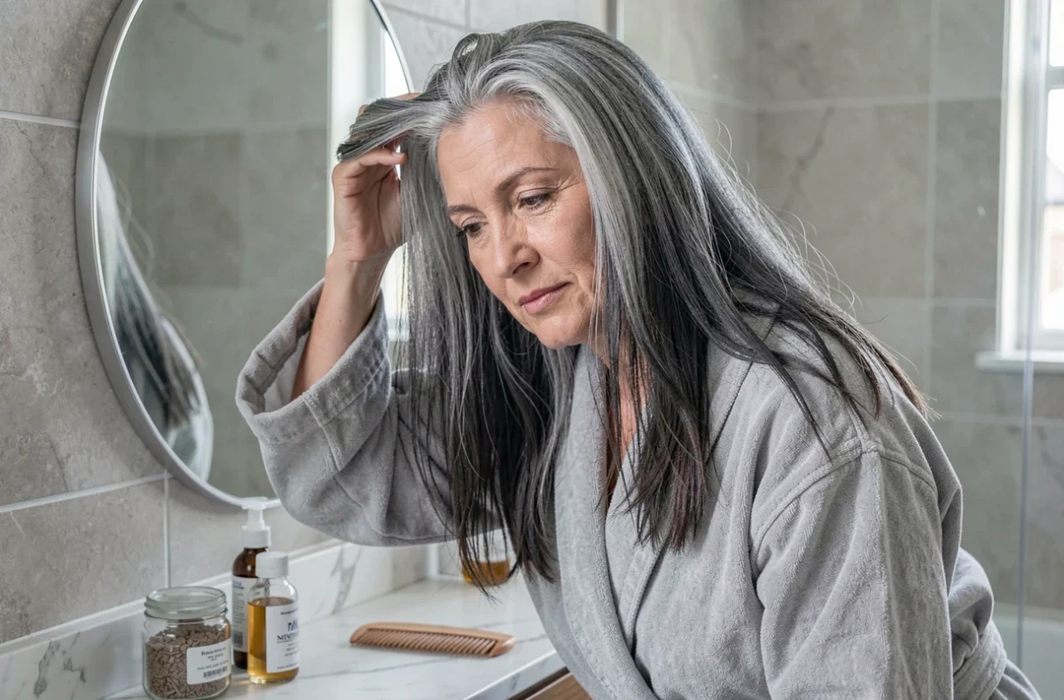 Femme aux cheveux sel et poivre en transition naturelle vers le gris observant ses racines dans un miroir de salle de bain