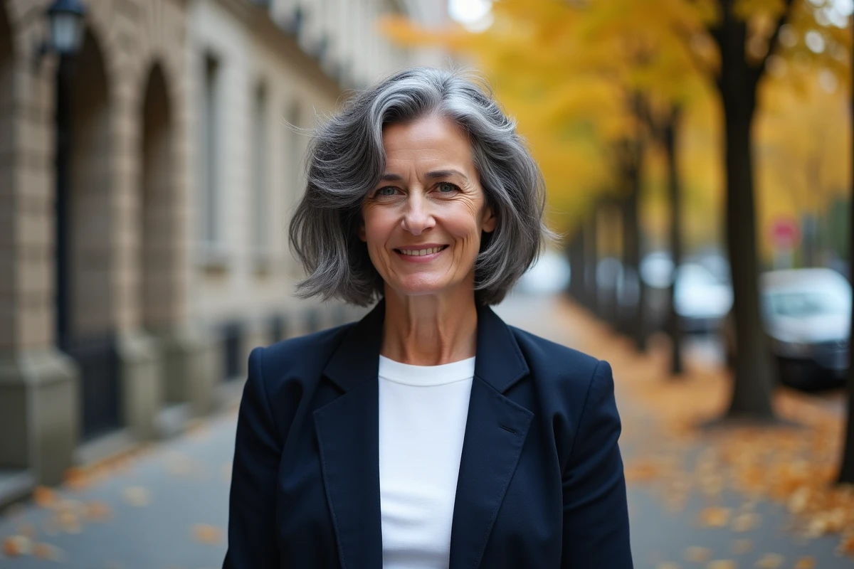 Femme aux cheveux sel et poivre coupe courte bob assumée en extérieur en automne en ville