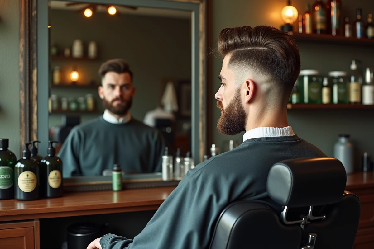 Client admirant sa coupe de cheveux et sa barbe taillée dans le miroir vintage d'un barbershop moderne à Lille
