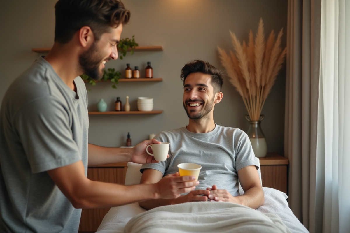 Jeune homme souriant avec thé apres massage dans studio moderne