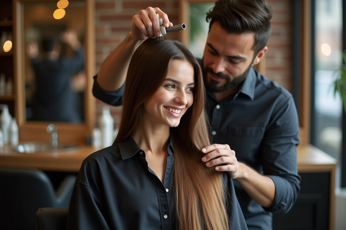 Coiffeur appliquant un traitement keratine à une cliente détendue