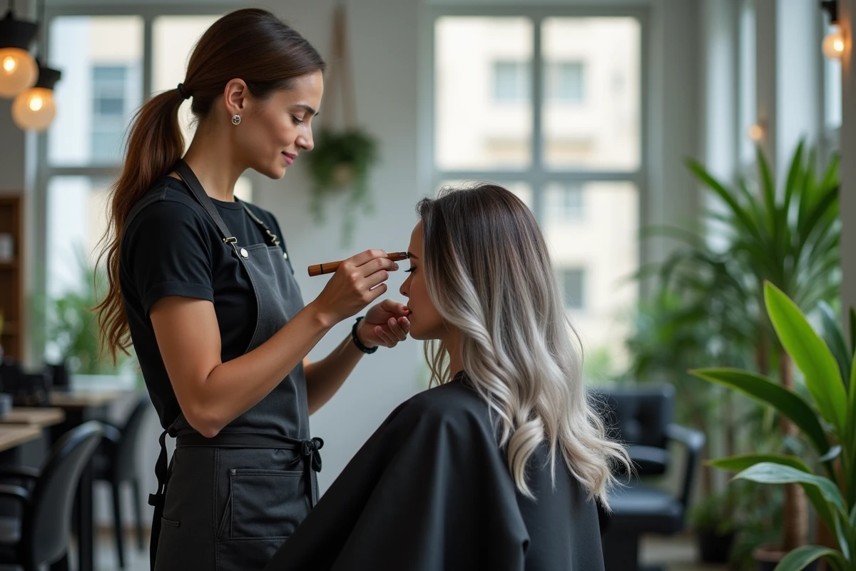 Coiffeuse appliquant un balayage sur une cliente aux cheveux blancs précoces dans un salon de coiffure moderne et lumineux