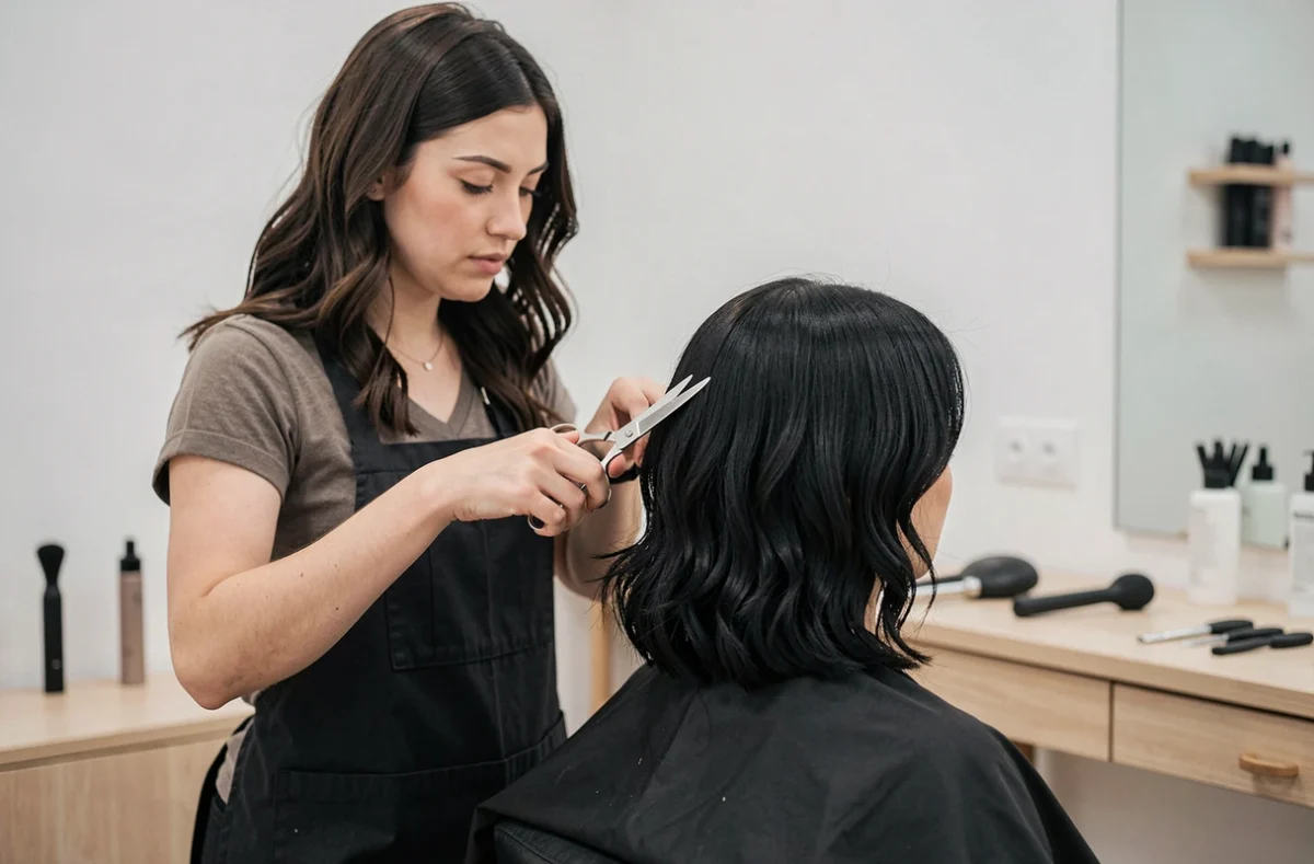 Coiffeuse en train de réaliser une coupe carré dégradé sur cheveux épais noirs ondulés en salon