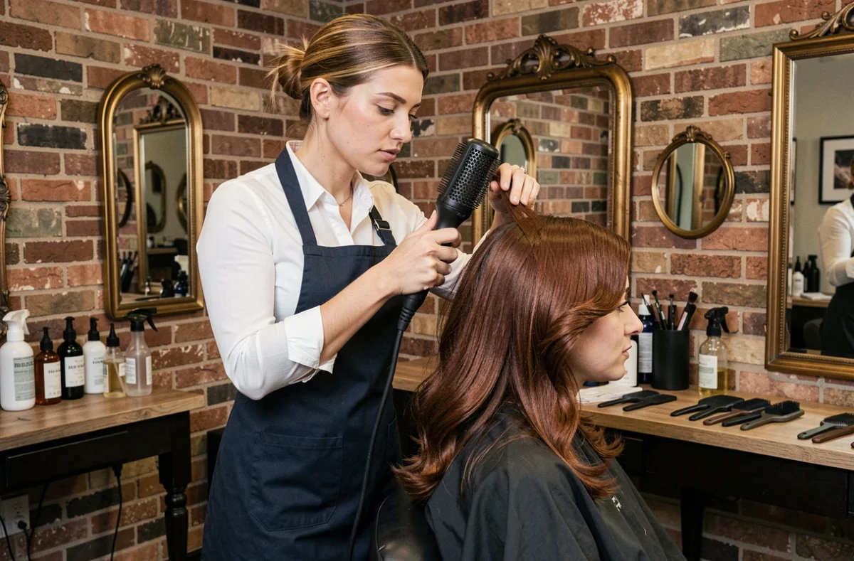 Coiffeuse réalisant un flash coiffeur brushing sur une cliente dans un salon au décor vintage