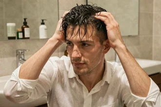 Homme aux cheveux fins et légèrement gras avec une coiffure texturée naturelle devant un miroir de salle de bain