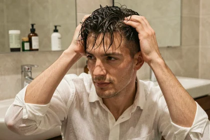 Homme aux cheveux fins et légèrement gras avec une coiffure texturée naturelle devant un miroir de salle de bain