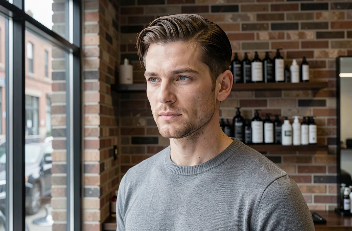 Homme jeune aux cheveux fins coiffés avec une raie côté sans effet plaqué dans un salon de coiffure moderne