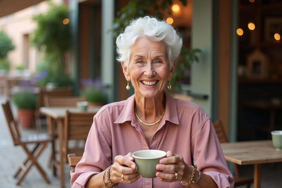 Femme de 70 ans avec une coupe courte bouclée blanche assise en terrasse de café avec un style décontracté chic