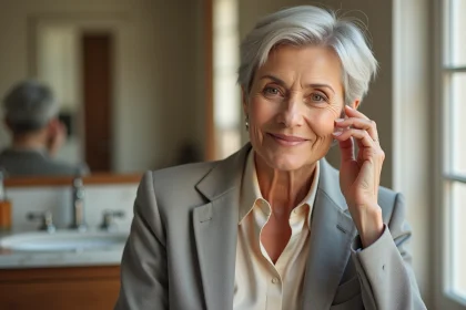 Femme de 70 ans avec une coupe pixie argentée chic assise devant un miroir dans un dressing parisien élégant