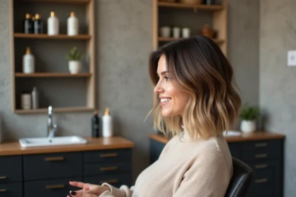 Femme avec carré effilé dans un salon moderne