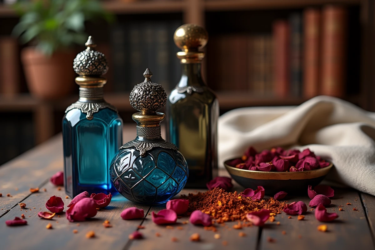 Collection de flacons de parfum orientaux en verre coloré sur bois avec pétales de rose, oud et safran dans un atelier artisanal