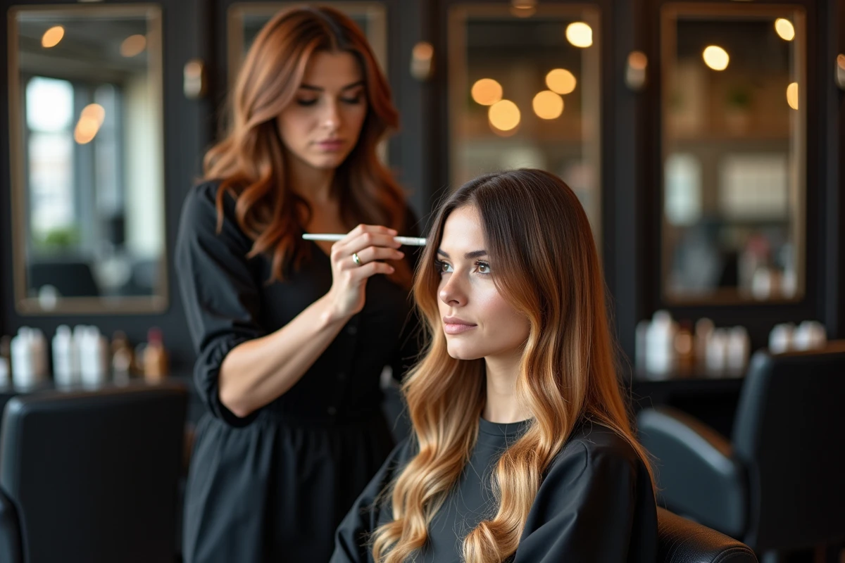 Coiffeuse professionnelle appliquant une coloration caramel miel sur les cheveux fins d'une cliente en salon de coiffure