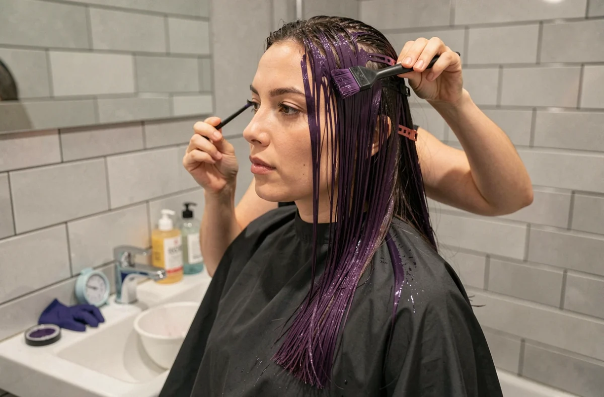 Femme appliquant une coloration violine foncée sur ses cheveux dans une salle de bain moderne avec des outils de coloration professionnels