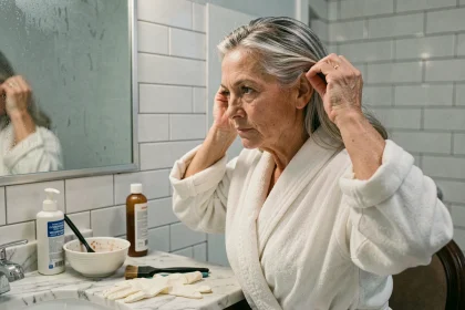 Femme mature examinant ses racines blanches devant un miroir de salle de bain avec des produits de coloration posés sur le comptoir